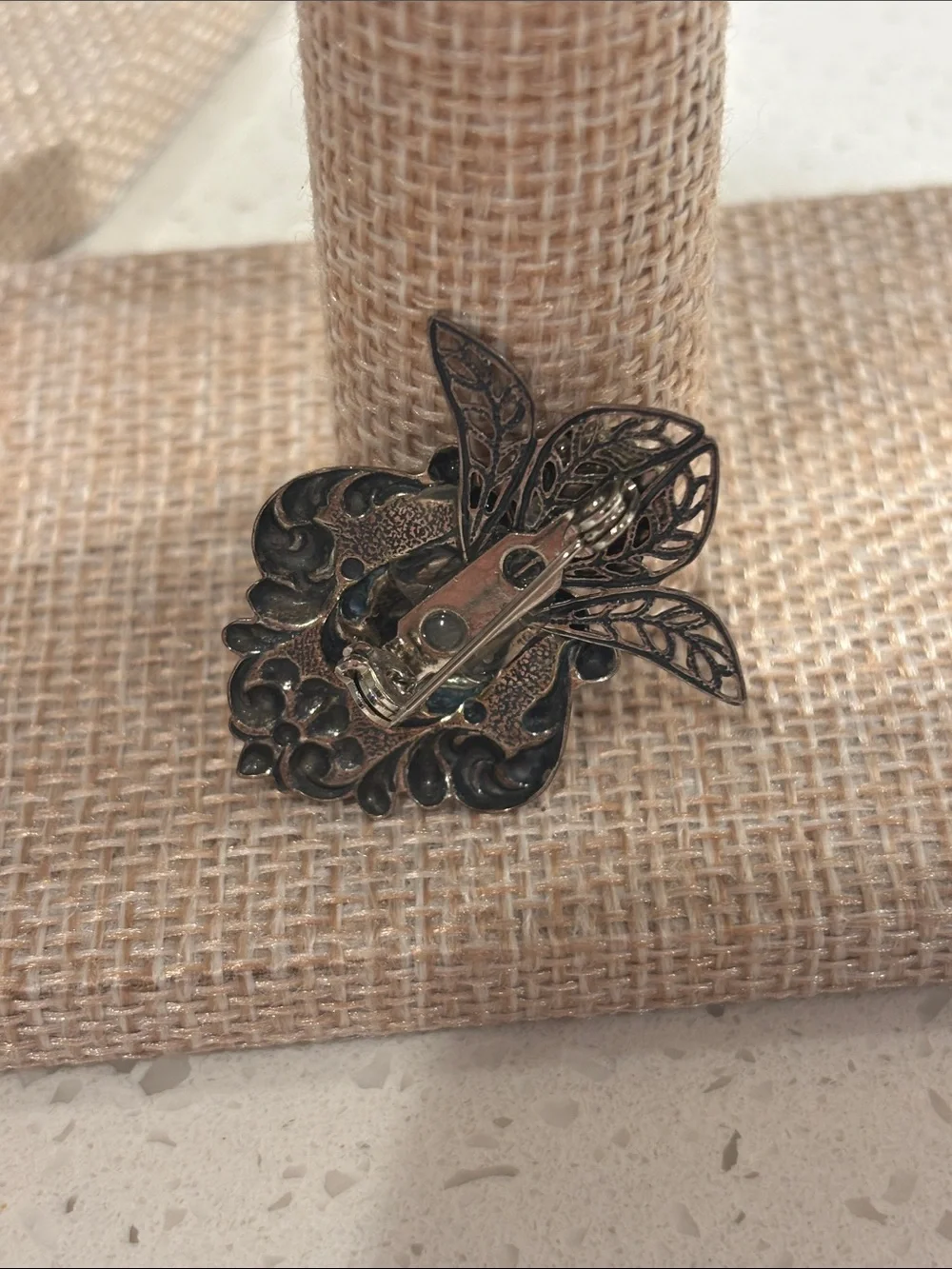 Vintage Ornate Silver-Tone Floral Repousse Brooch Pin